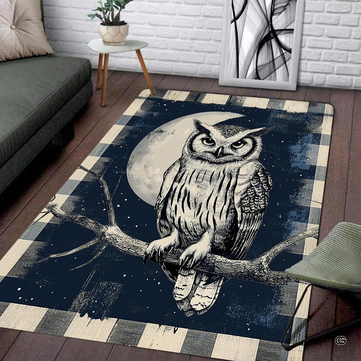 Soft low-pile microfiber surface texture on rustic plaid owl rug