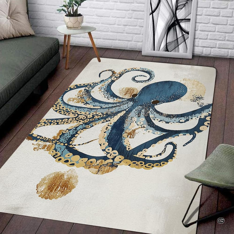 Majestic blue and teal octopus ocean shore rug with swirling tentacles and gold accents on cream backdrop.