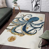Majestic blue and teal octopus ocean shore rug with swirling tentacles and gold accents on cream backdrop.