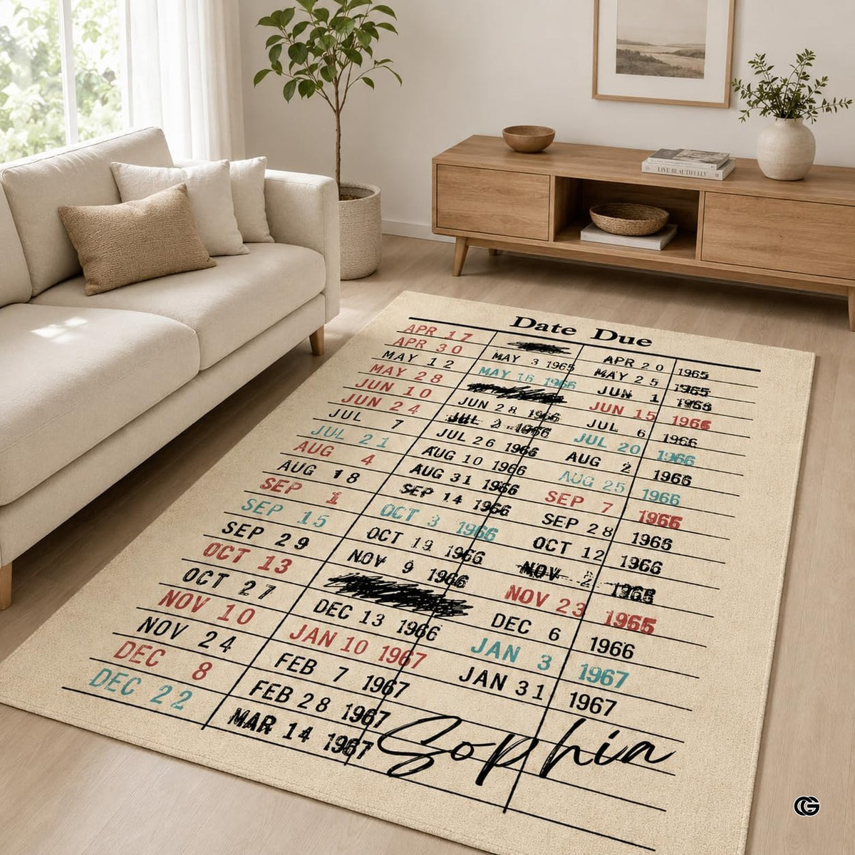 Vintage thematic accent thematic accent slip library card area rug displayed flat on aged parchment background.