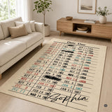 Vintage thematic accent thematic accent slip library card area rug displayed flat on aged parchment background.
