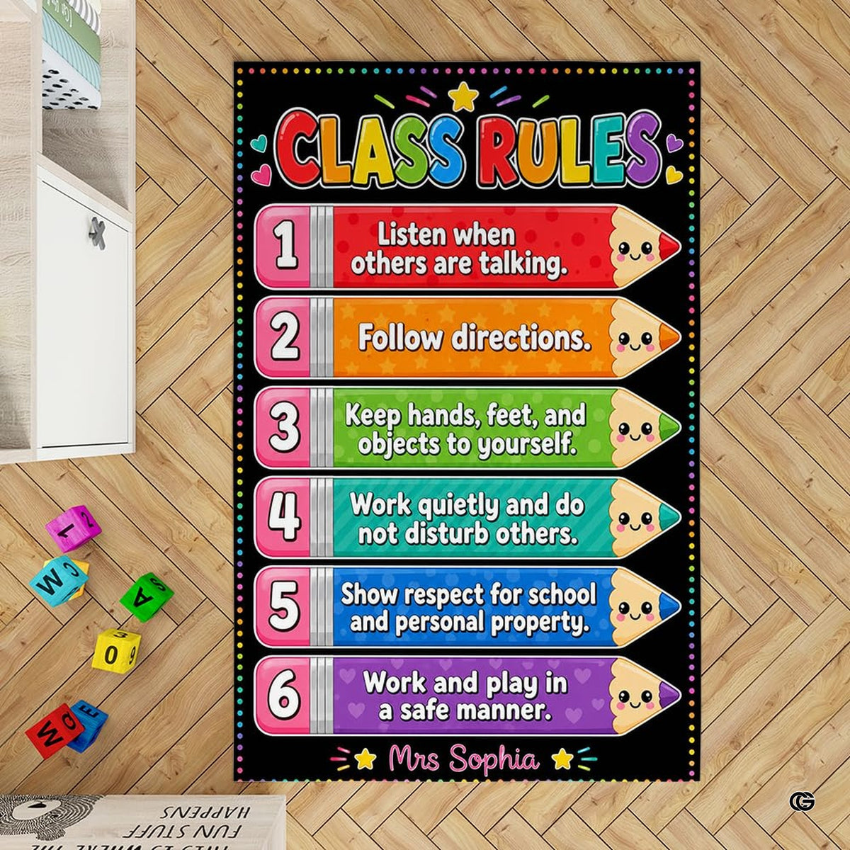 Kids classroom carpet centerpiece positioned beautifully within a bright modern learning environment.