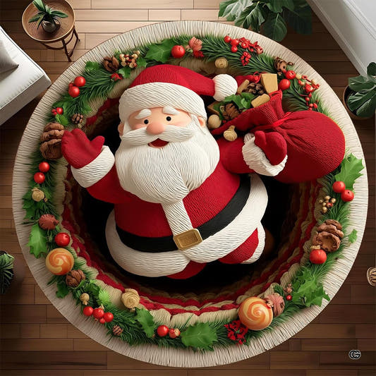 Round Santa wreath rug with red toy sack and evergreen border