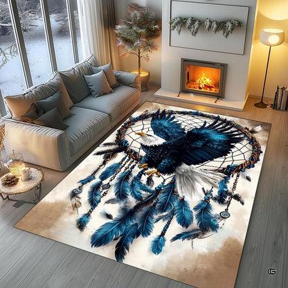 Angled floor view highlighting intricate beadwork and watercolor tones on eagle dreamcatcher rug. - thumbnail image 5 of 7