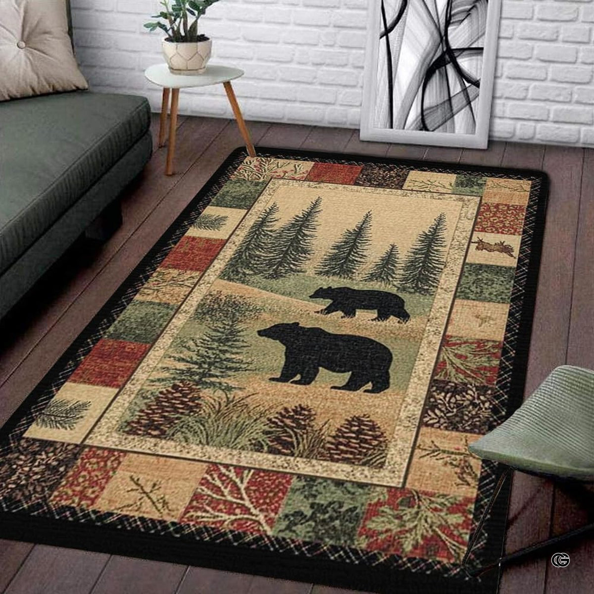 Living room setting featuring a lodge black bears pine forest wildlife area rug