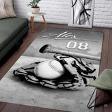 White area rug with black accents displaying vintage baseball bat and glove artwork.