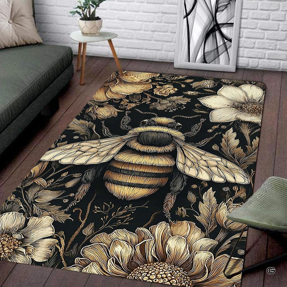 Vintage gold honeybee botanical engraving dark area rug in modern living room setting