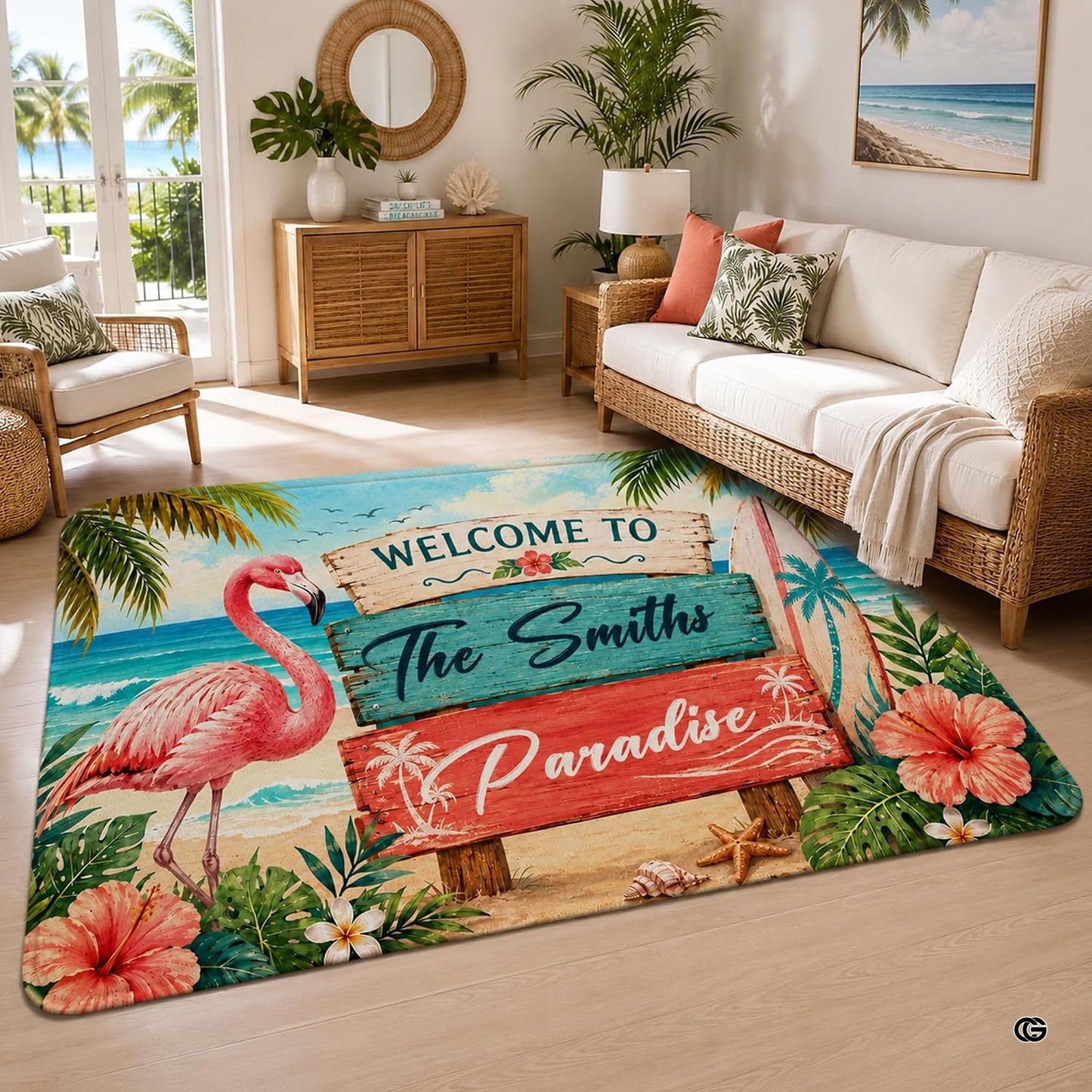 Personalized Tropical Beach Rug, Custom Family Name Tropical Outdoor Rug, Flamingo Surfboard Ocean Area Rug for Living Room, Patio, Beach House Decor, Design 08