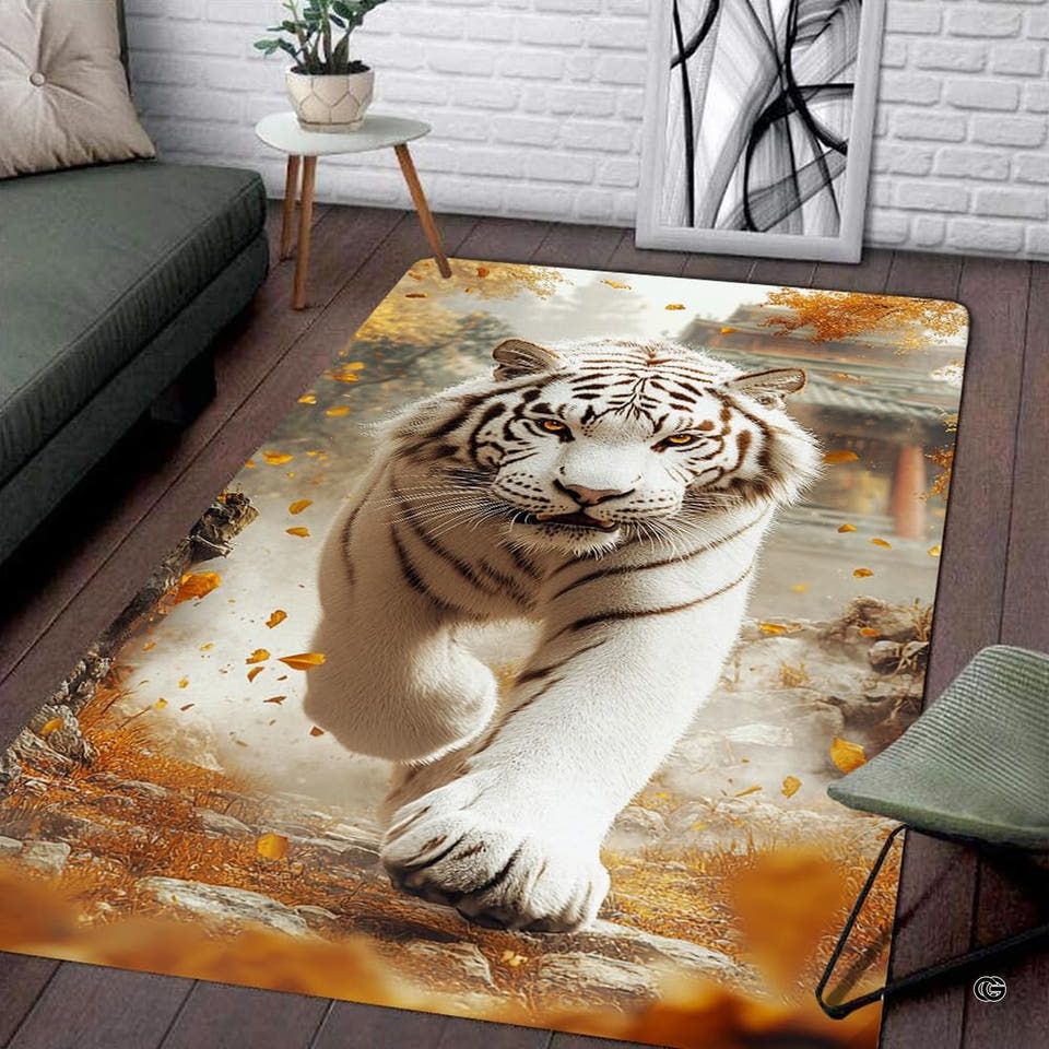 Running white tiger autumn temple living room area rug in front of a modern couch