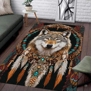 Living room seating setup featuring the native wolf spirit turquoise headdress rustic area rug - thumbnail image 1 of 7