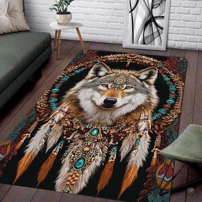 Living room seating setup featuring the native wolf spirit turquoise headdress rustic area rug - thumbnail image 1 of 7
