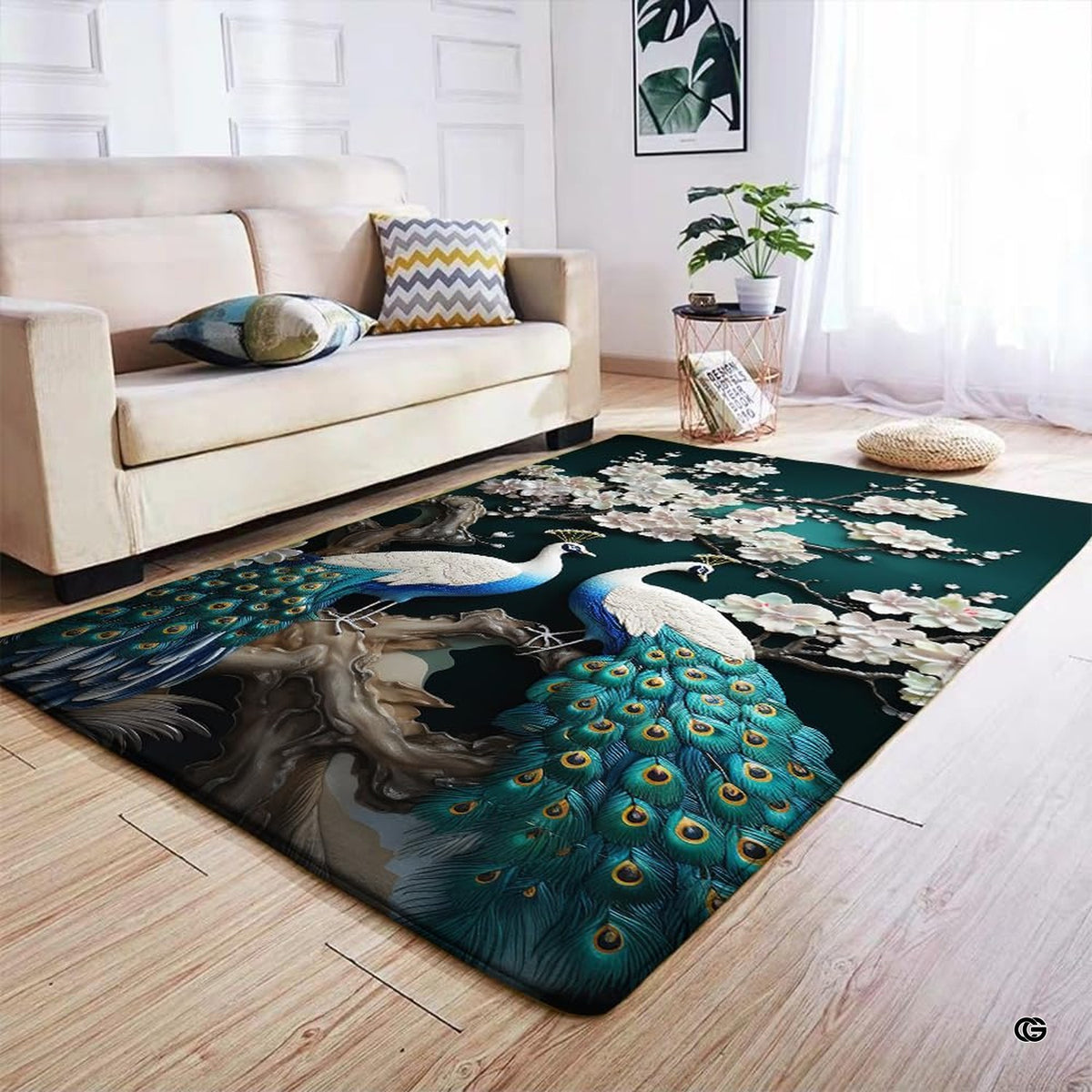 Floral bird rug styled in an elegant living room setting beside modern interior furnishings. - image 4 of 7