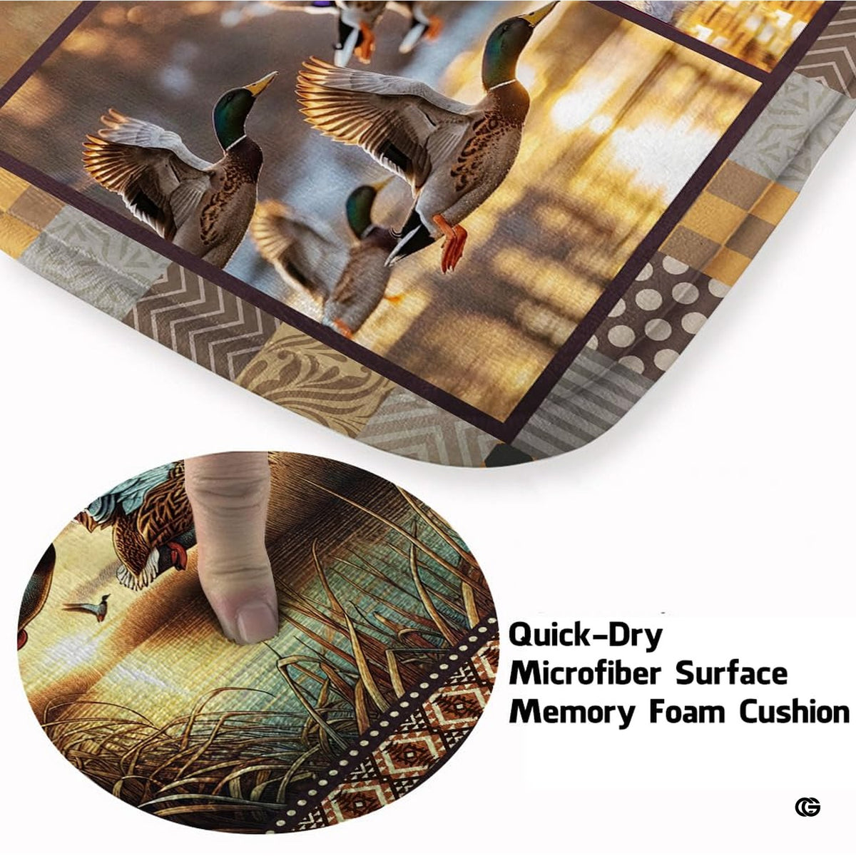 Close detail of flying mallard duck panel artwork in deep forest green and chestnut tones.