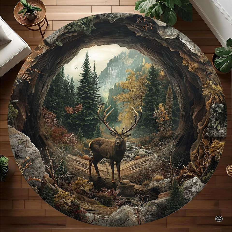 Antlered stag hollow tree mountain circular area rug in top overhead view