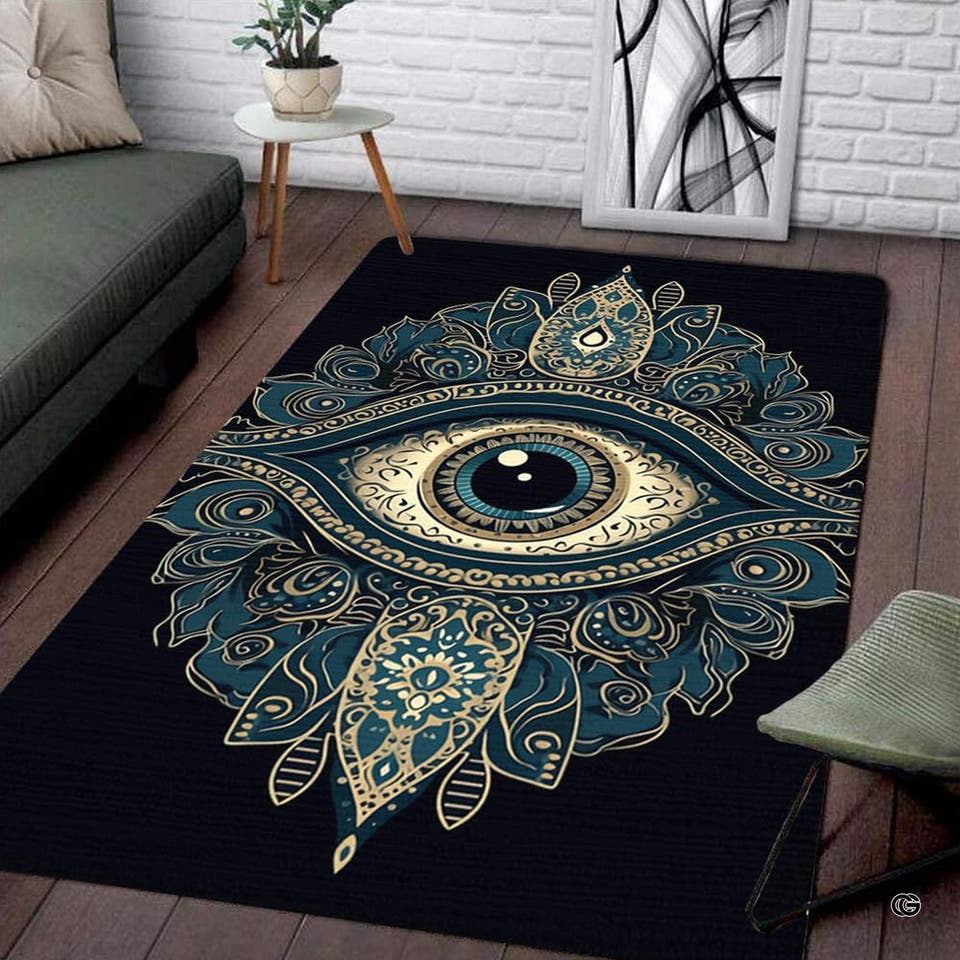 Rectangular dark area rug with intricate teal and gold evil eye talisman medallion