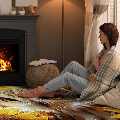 Close-up detail of intense golden eyes on the owl and sunflower area rug. - thumbnail image 2 of 8
