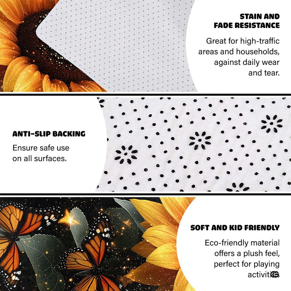 Non-skid dotted backing and resilient pile construction of the sunflower butterfly area rug. - image 6 of 7