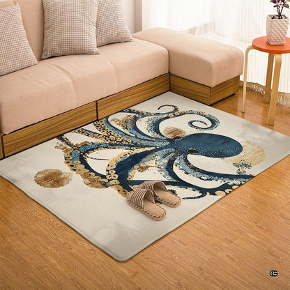 Nautical themed octopus rug centering an elegant dining area decorative accent neutral hardwood flooring. - thumbnail image 5 of 7