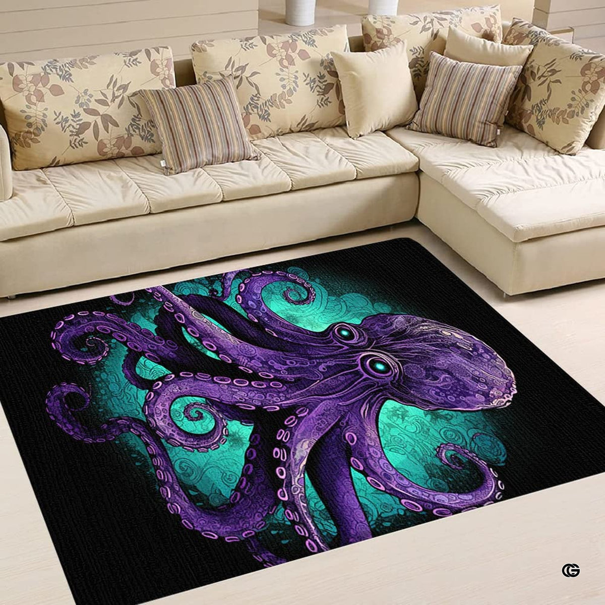 Dimension chart displaying size options for octopus ocean area rug.