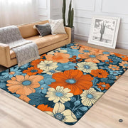Retro 70s floral daisy area rug styled on hardwood flooring in living room. - thumbnail image 4 of 5