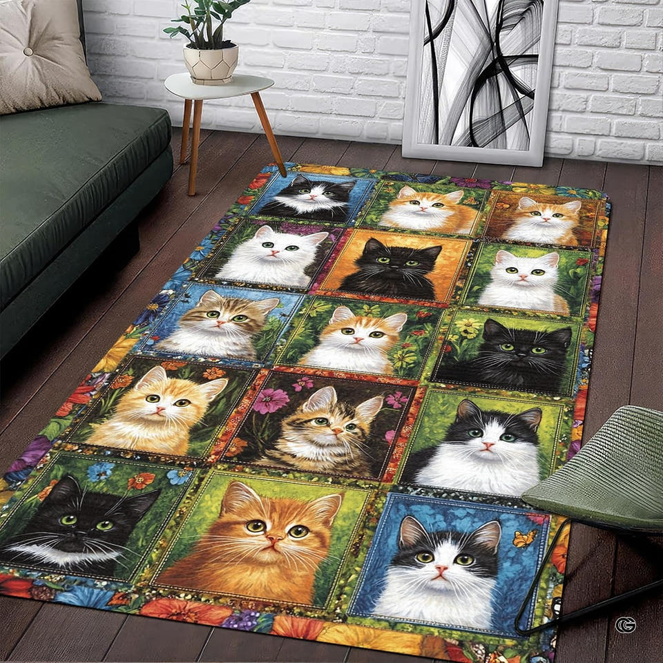 Cat Patchwork Spice Grid Area Rug displaying feline portrait panels and botanical accents.