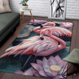 Pink flamingo lotus pond living room area rug with blooming water lilies and preening flamingos