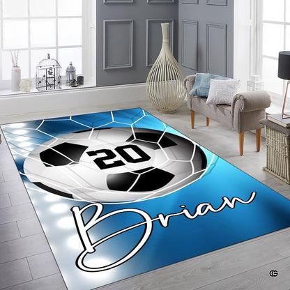 Overhead layout view of the rectangular blue soccer sports area rug - thumbnail image 6 of 7