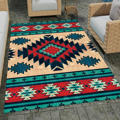 Stone patio setting featuring a southwestern Aztec geometric tribal boho area rug - thumbnail image 1 of 7