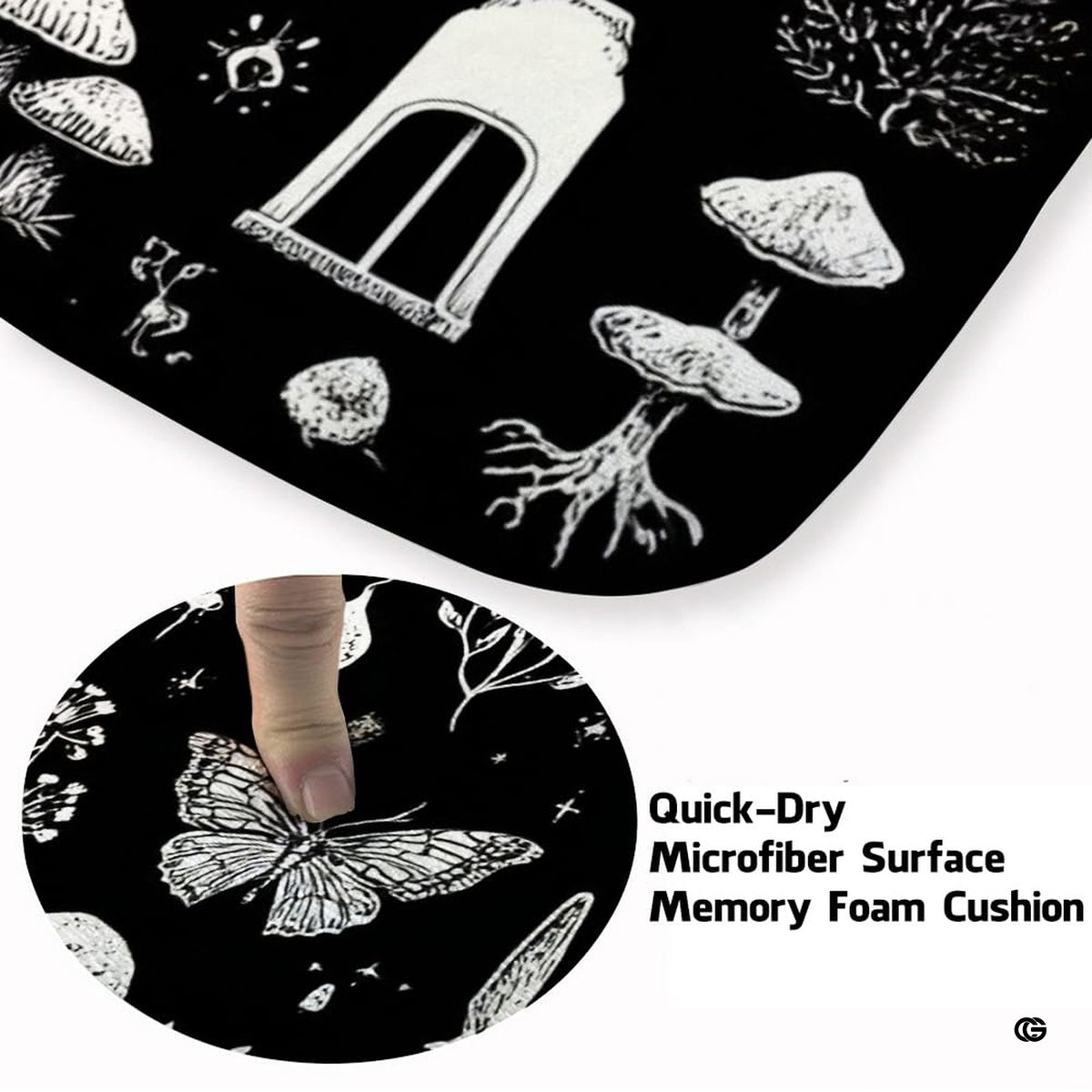 Closeup detail of printed butterfly, mushroom, and gothic line-art textures on the area rug