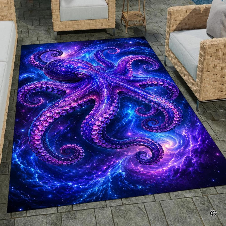 Cosmic galaxy nebula octopus cephalopod area rug in primary perspective