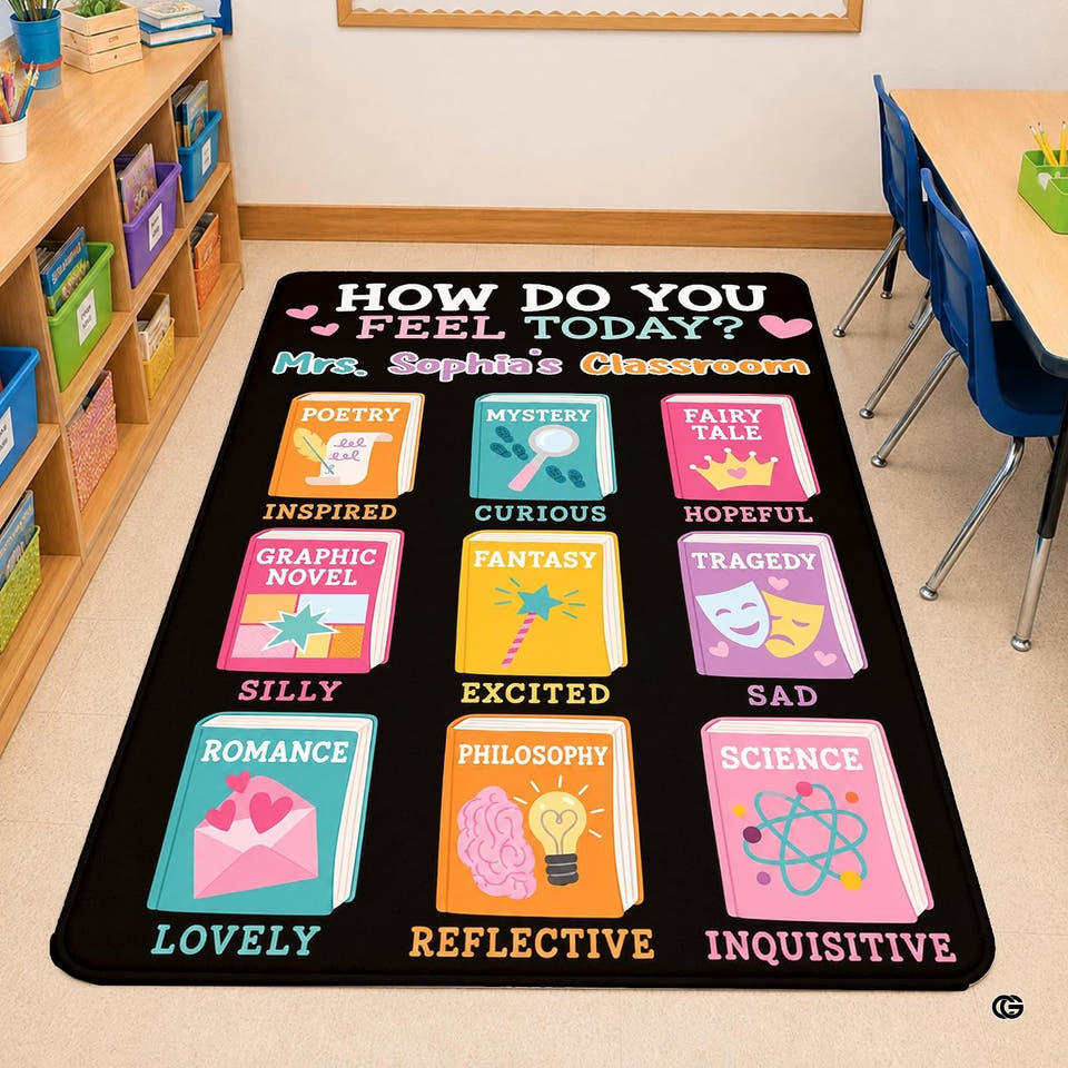 Classroom area rug featuring illustrated book covers and literary symbols for a reading corner carpet.
