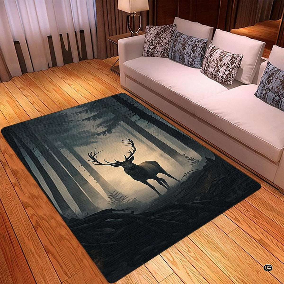 Mockup display showing the rustic deer woodland rug placed near living room furniture - image 2 of 5