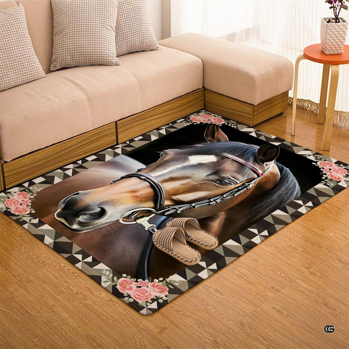 Styled reading nook accented with the thoroughbred horse and rose border area rug.