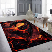 Cozy bedroom setting with the fiery dragon area rug placed beside a wooden bed frame - thumbnail image 6 of 7
