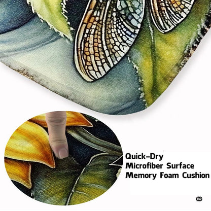 Close up texture detail of dragonfly sunflower area rug soft pile surface and hemmed edges. - thumbnail image 3 of 7