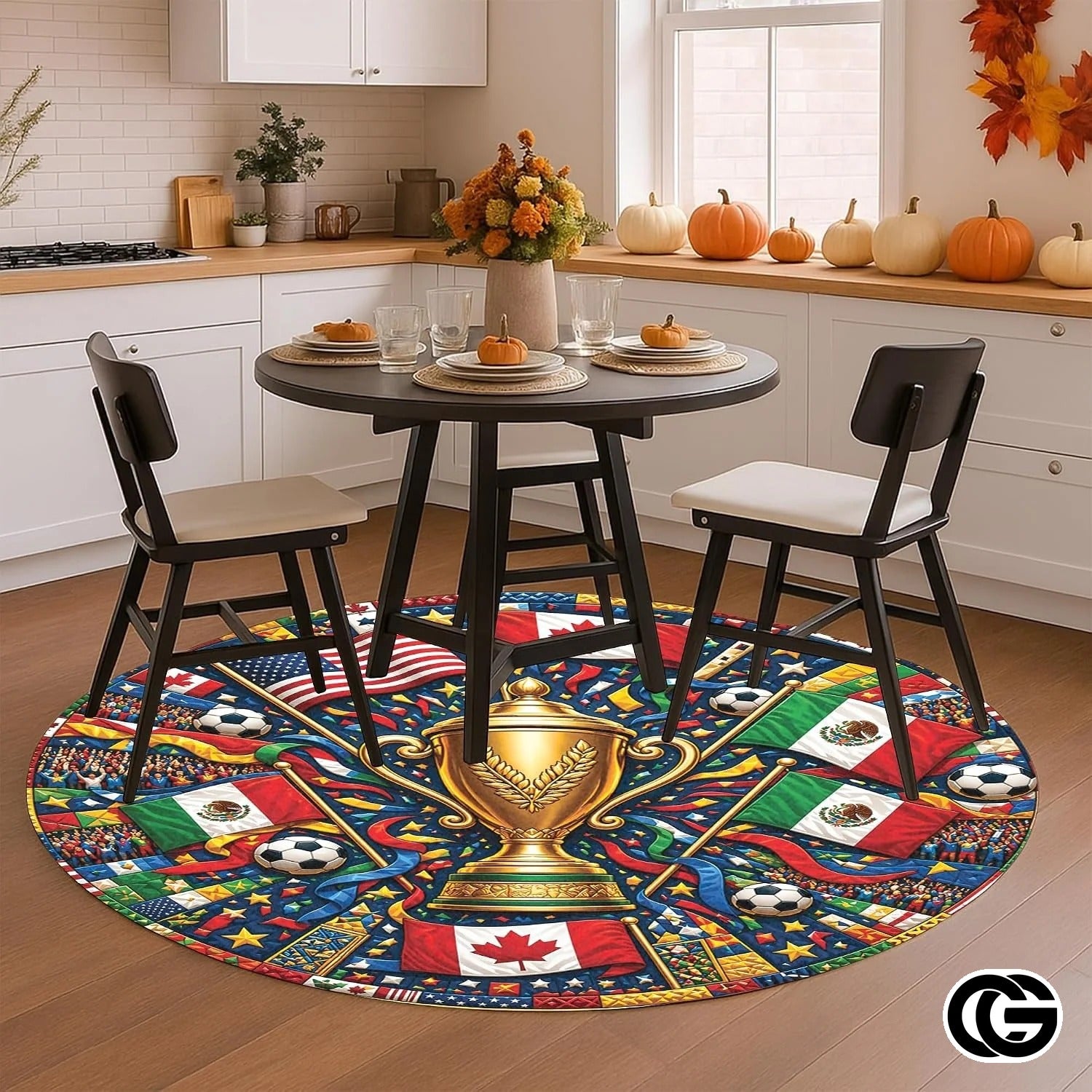 Custom Soccer Tournament Round Rug with Trophy Design - D9