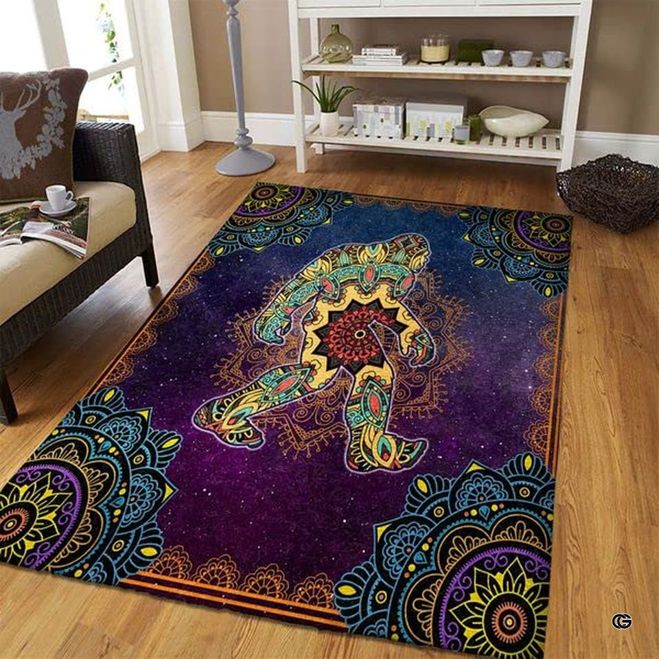 Bigfoot mandala boho area rug featuring Sasquatch silhouette and cosmic galaxy artwork
