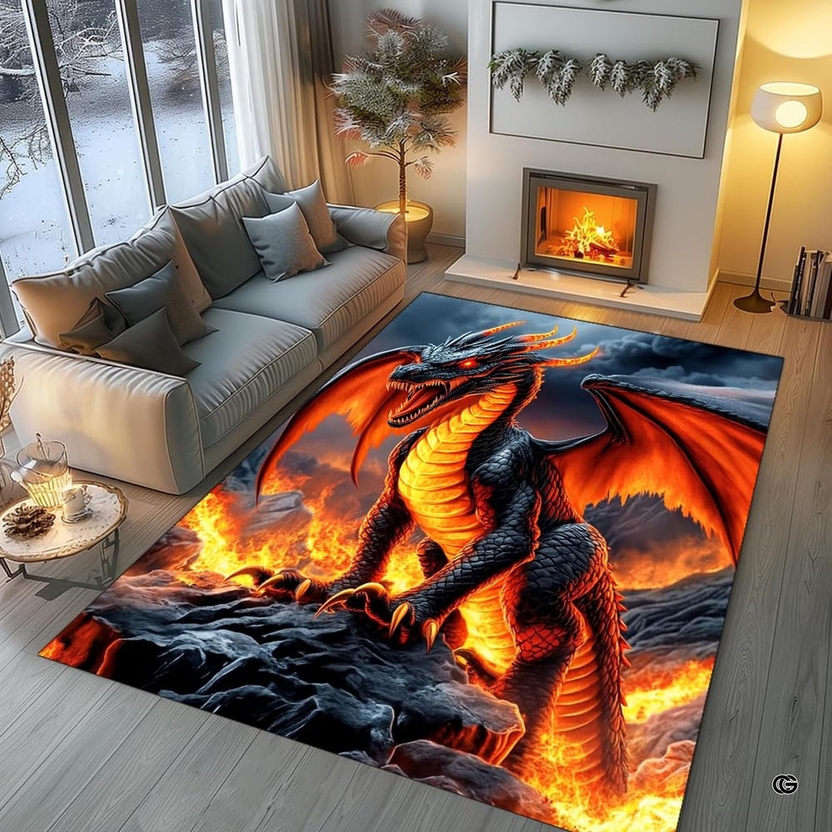 Detailed print view of volcanic stone texture and swirling embers on floor rug. - image 5 of 8