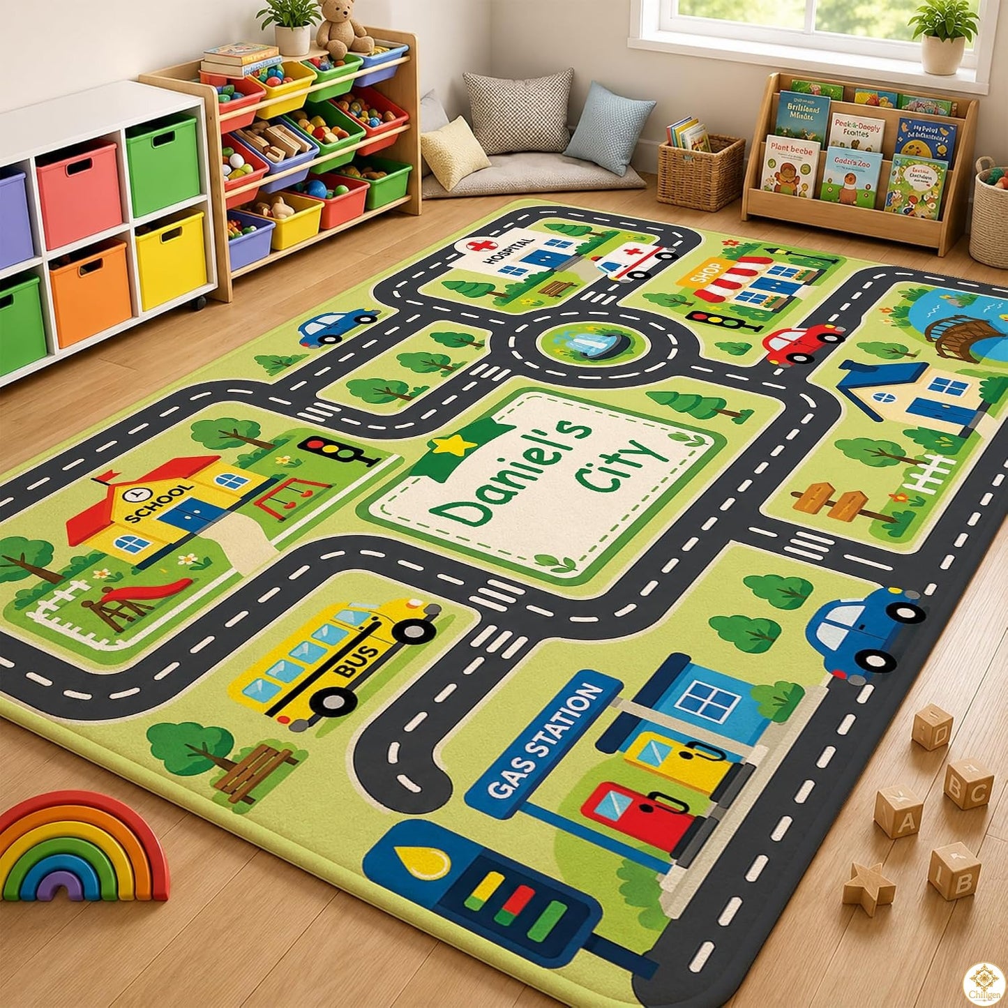 Custom Road Map Area Rug with Personalized City Street and Cars