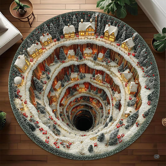 Round area rug showing circular 3D optical illusion with snowy Christmas village cottages spiraling into cavern.