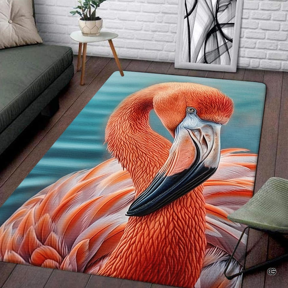 Artistic tropical bird area rug featuring a coral flamingo face on turquoise water.