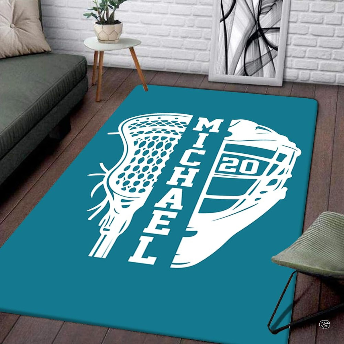 Close-up perspective of lacrosse mesh stick head vector artwork and decorative accent silhouette lines.