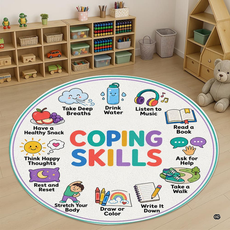 Calm corner rug displaying pastel emotional regulation cues and mindfulness exercises in a classroom.
