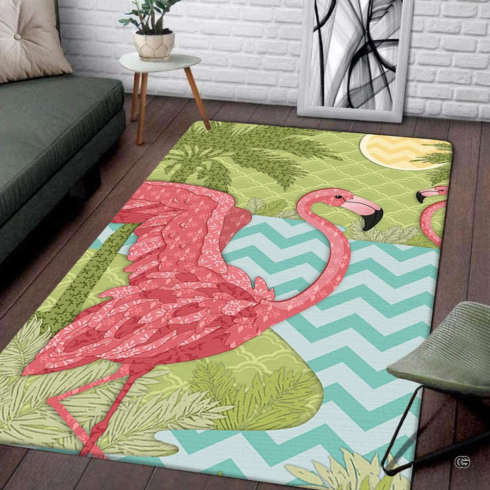 Pink flamingo classroom area rug with damask plumage and green palm leaves on aqua chevron.