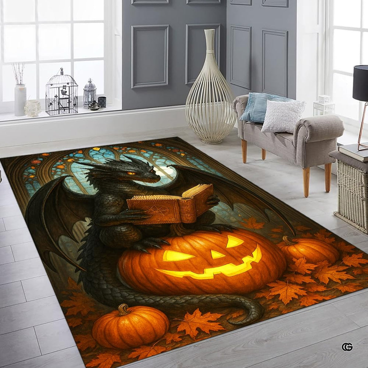 Black winged dragon reading a spellbook while sitting on a carved glowing Halloween pumpkin surrounded by autumn leaves area rug.