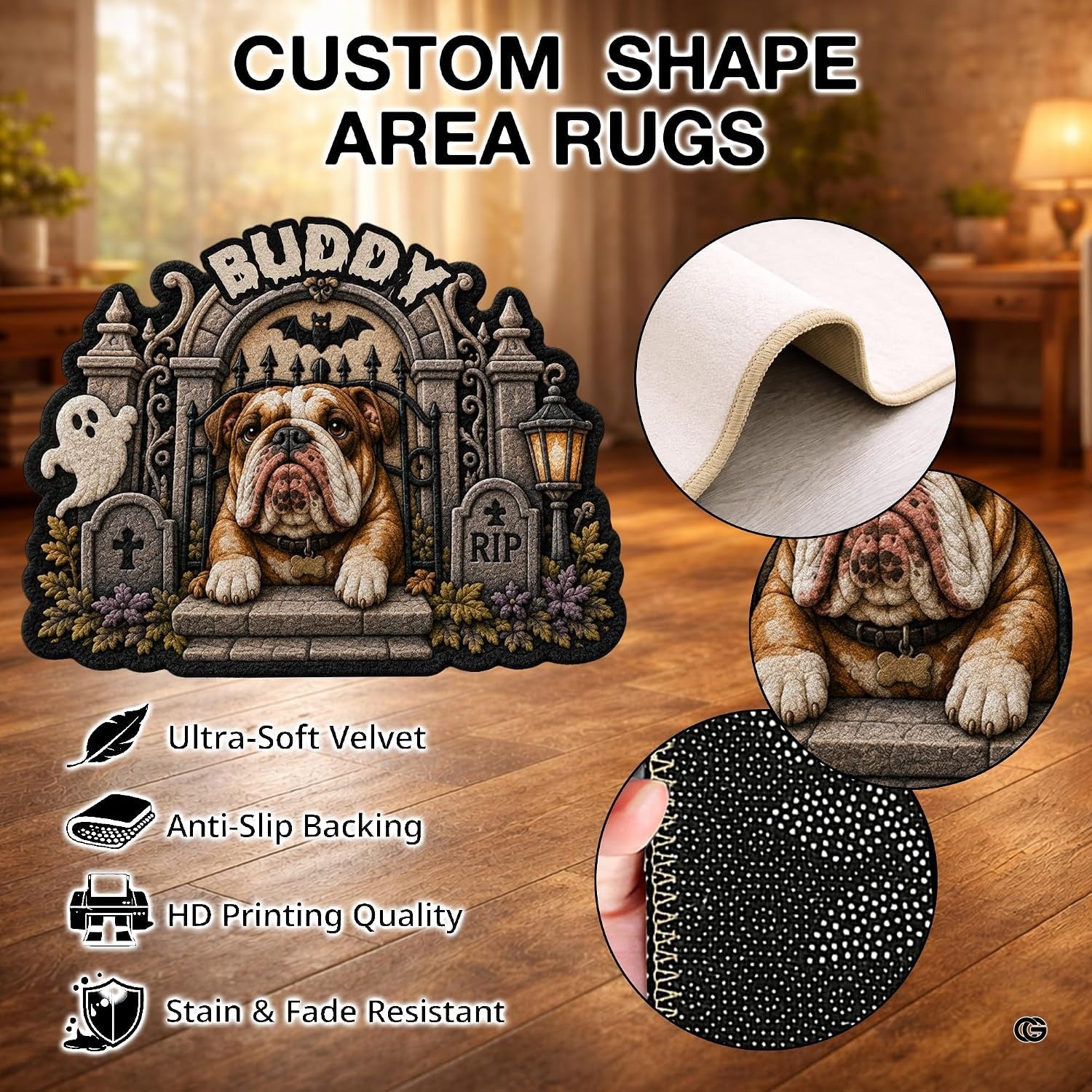 Custom Dog Photo Rug, Personalized Pet Portrait Area Mat Non Slip Indoor Door Rug for Dog Lovers, Welcome Home Decor Halloween (Spooky Graveyard Gate)