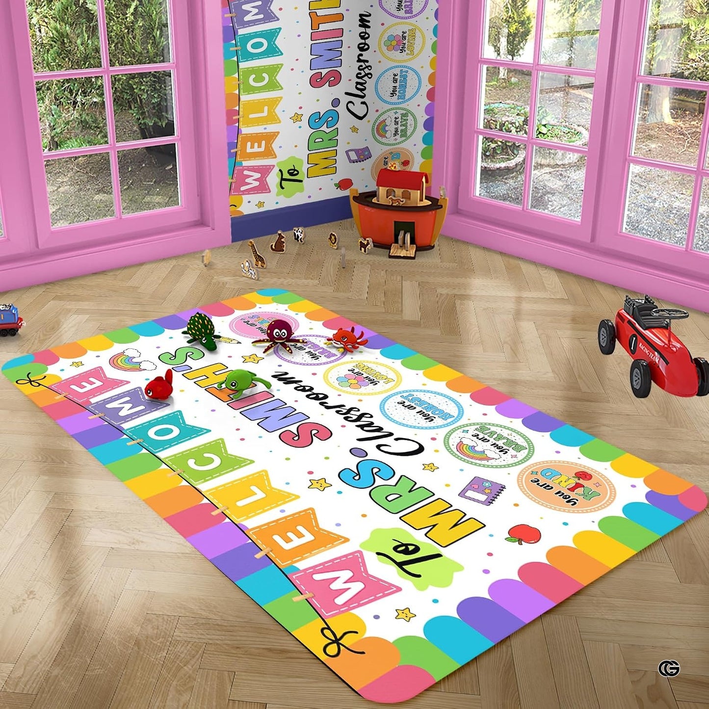 Personalized Teacher Classroom Rug, Custom Back to School Welcome Mat with Name, Kindergarten Preschool Elementary Decor, Composition Notebook Carpet (A03)