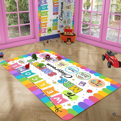 Personalized Teacher Classroom Rug, Custom Back to School Welcome Mat with Name, Kindergarten Preschool Elementary Decor, Composition Notebook Carpet (A03)