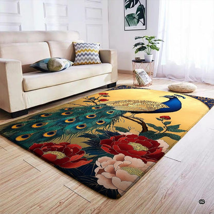 Artistic peacock blue area rug displayed as a central decor piece in a stylish contemporary living room. - thumbnail image 4 of 7