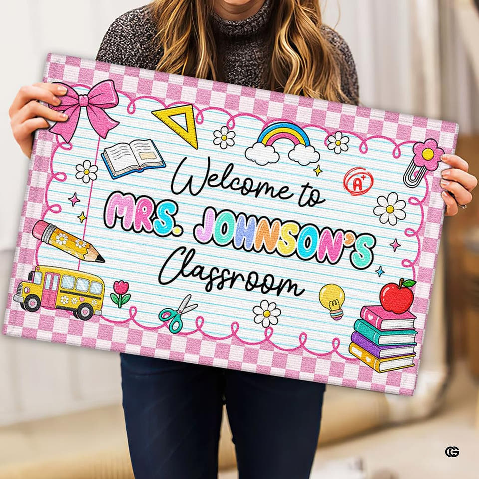 Personalized Teacher Welcome Door Mat with Name, Composition Notebook Style, Perfect Classroom Decor & Back to School Gift for Teachers (Cute Classroom)